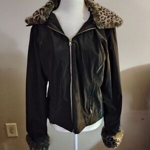 eye candy Black Bomber Jacket with Leopard Faux-Fur Trim